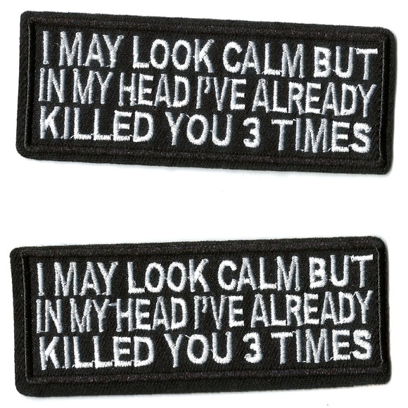 NEW 2-PACK NOVELTY PATCHES QUOTE PHRASE BADGES EASY IRON-ON FABRIC BADGES - Picture 1 of 5